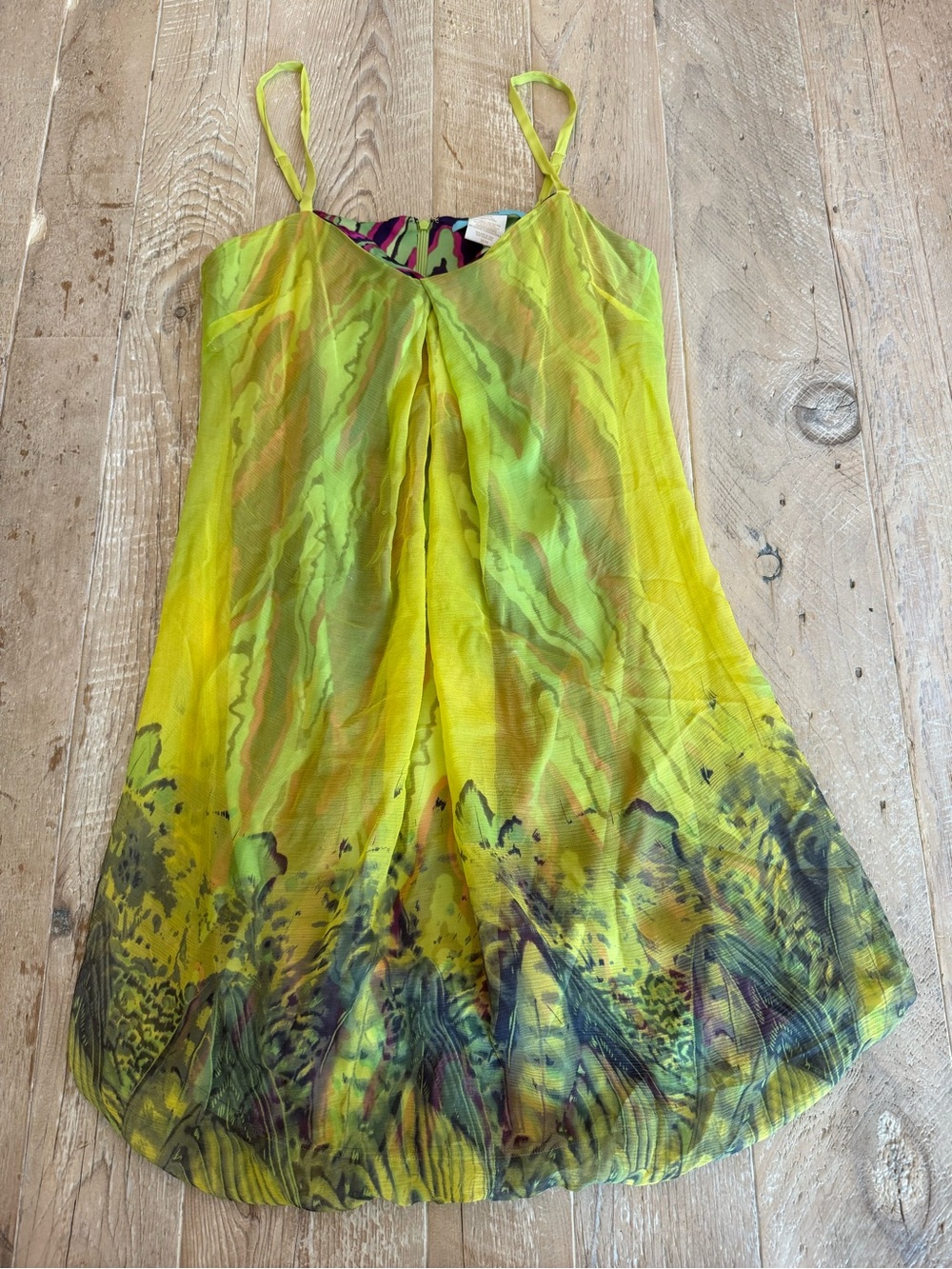 Marciano Yellow Green Printed Spaghetti-Strap Dress M